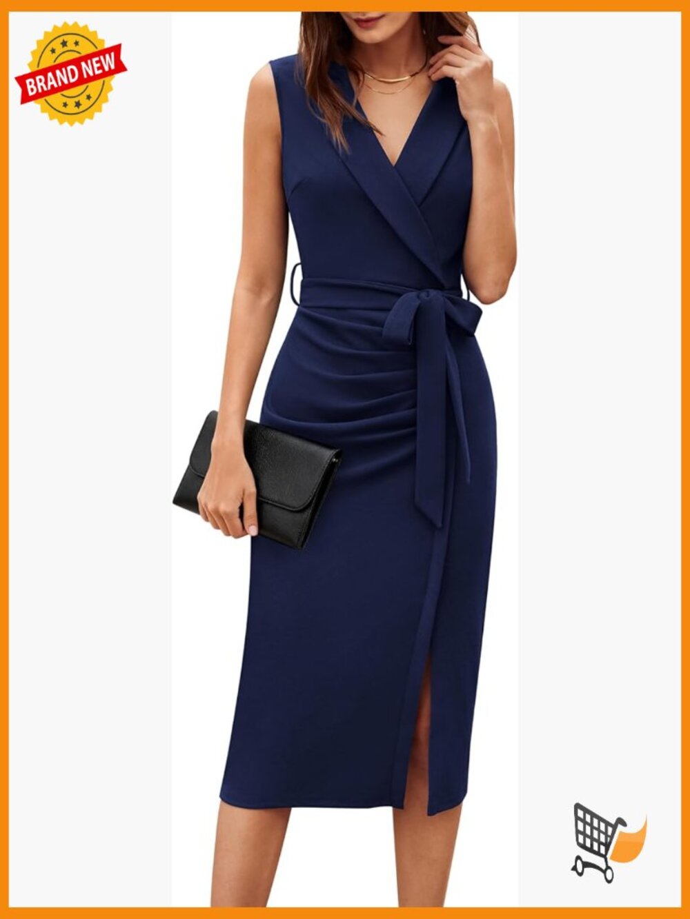 Sleeveless Ruched Bodycon Midi Dress with Belt Office Work - Picture 1 of 7